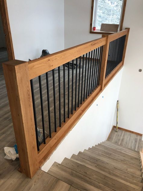 Balcony Railing Design Indoor, Painted Farmhouse Stairs, Diy Loft Railing Ideas, Loft Railing Ideas Rustic Cabin, Cheap Stairs Ideas, Ranch Stairs To Basement, Wainscoting Basement Ideas, Small Entryway Accent Wall Ideas, Interior Railing Ideas Half Walls