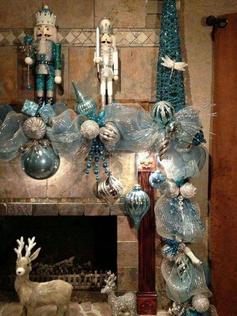 Mantle Deco, Aqua Christmas, Mesh Garland, Deco Mesh Garland, Teal Christmas, Peacock Christmas, Turquoise Christmas, Blue Christmas Decor, Silver Christmas Decorations