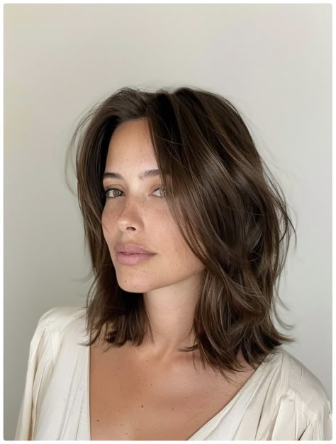 Short With Layers Shoulder Length, Lob Haircut No Layers, Shoulder Length Straight Brown Hair, Collarbone Length Hair For Fine Hair, Face Shape Guide Hairstyles, 90s Lob Haircut Curtain Bangs, Clavicle Haircut, Lob Haircut For Fine Hair, Shoulder Length Hair Thick Hair