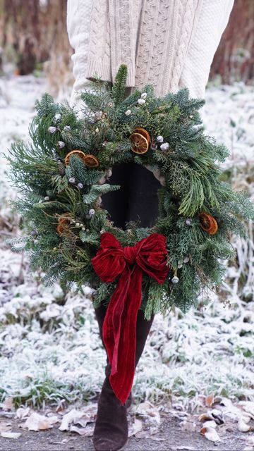 Wreath With Velvet Ribbon, Velvet Ribbon Wreath, Lauren Mcdermott, Giant Christmas Wreath, Giant Wreath, Moody Christmas, Botanical Christmas, Christmas Wreath Bows, Homemade Wreaths