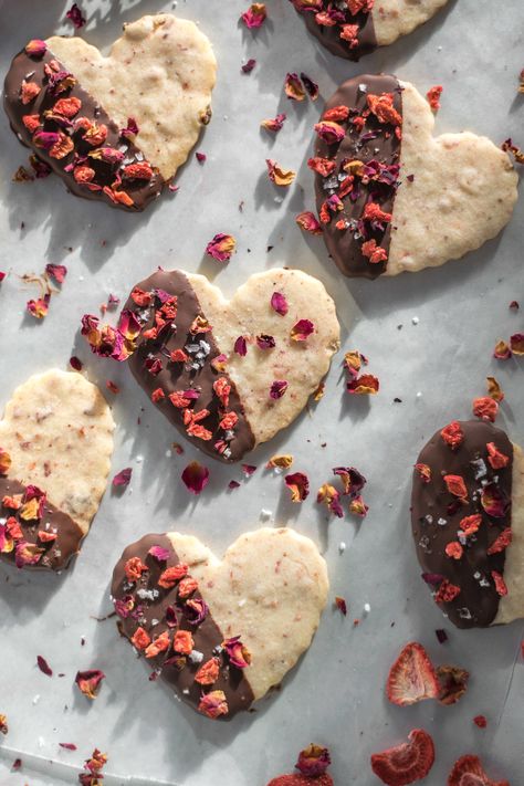 Strawberry Rose Shortbread Hearts — All Purpose Flour Child Strawberry Shortbread Cookies, Strawberry Shortbread, Persian Recipes, Chocolate Dipped Cookies, Strawberry Rose, Valentines Baking, Ultimate Cookies, Buttery Shortbread Cookies, Freeze Dried Fruit