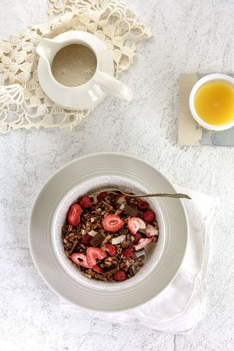 Superfood Chocolate and Berry Granola - This Mess is Ours Superfood Granola, Vegan Casserole Recipes, Berry Granola, Vegan Casserole, Vegan Breakfasts, Freeze Dried Raspberries, Morning Time, Dried Raspberries, Superfood Recipes