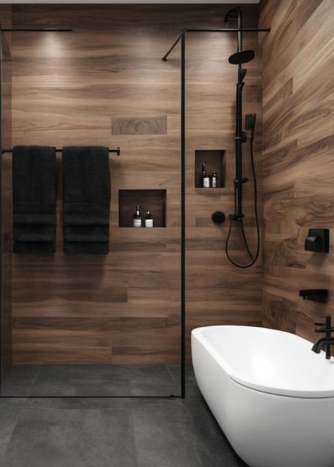 Facebook Black Wood And White Bathroom, Modern Cabin Master Bath, Dark Rustic Bathroom, Wood Shower Walls, Modern Shower Tile Ideas, Shiplap Powder Room, Black And Wood Bathroom, Modern Shower Tile, Wood Tile Shower