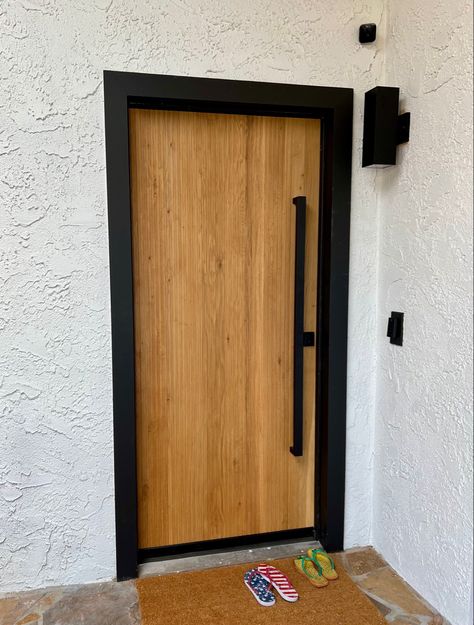 House design Slat Door, Door Trim, Door Trims, Wooden Slats, Door Handle, Tall Cabinet Storage, Matte Black, Door Handles, New Homes