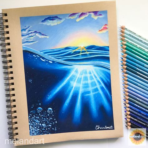 Ocean Color Pencil Drawing, Drawing Colored Pencil, Art Crayon, Aesthetic Drawings, Blue Drawings, Pencil Artwork, Realistic Pencil Drawings, Colored Pencil Artwork, Doodle Tattoo