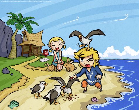 Link, Aryll, and seagulls on Outset Island - The Legend of Zelda: The Wind Waker Outset Island, Zelda Funny, The Wind Waker, Link Zelda, Wind Waker, Zelda Art, Zelda Breath, Twilight Princess, Breath Of The Wild