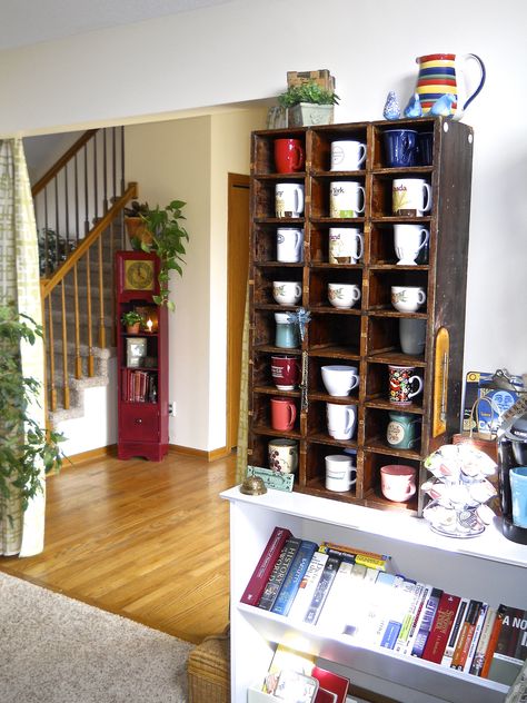 Found a way to keep all my mugs on display by the Keurig. (And wow, did it free up cupboard space in the kitchen!) Coffee Mug Display, Mug Display, My Coffee, Displaying Collections, On Display, Wine Rack, Liquor Cabinet, Cupboard, The Kitchen