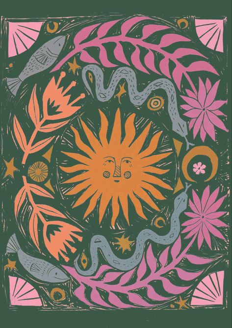 Lino print by Flora Dewar Summer Solstice Illustration, Mandala Graphic Design, Sun Lino Print, Solstice Illustration, Summer Solstice Art, Sun Graphic Design, Sun And Moon Illustration, Folk Art Sun, Retro Celestial