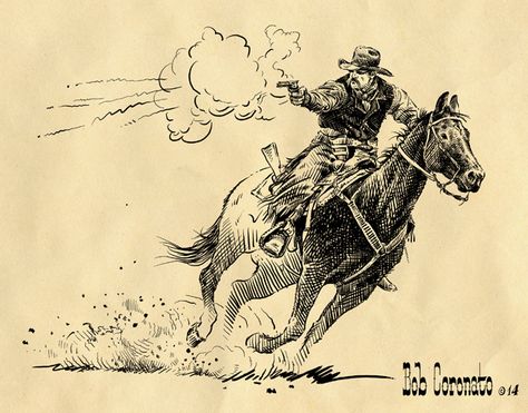 Western Ink Drawing, Old Cowboy Drawing, Cowboy And Horse Tattoo, Wild West Sketch, Old Western Drawings, Horse Rearing Drawing, Cowboy On Horse Drawing, Cowboy On Horse Tattoo, Wild West Drawing