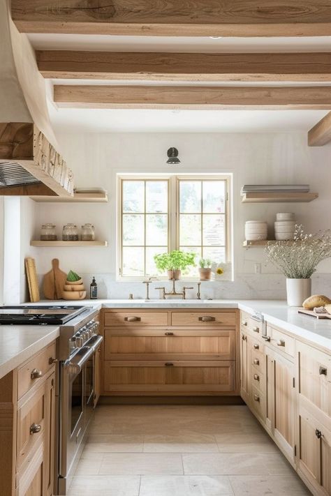 13 Stunning Natural Wood Kitchen Cabinet Ideas - DreamyHomeStyle Kitchen Wood Bottom Cabinets, White Wooden Kitchen Cabinets, Whitewash Wood Kitchen Cabinets, Natural Wooden Kitchen, Wood Cabinets Countertop Ideas, Light Kitchen Floors With Wood Cabinets, Wooden Country Kitchen, Kitchen Cabinets Wood Modern, Wooden Cabinets With White Countertops