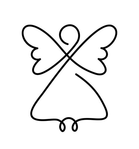 Simple vector Christmas angel with wings, continuous line drawing, small tattoo, print for clothes and logo design, emblem or silhouette one single line, isolated abstract illustration Single Line Art Christmas, Christmas Angel Tattoo, Wire Knitting Christmas, Continuous Line Drawing Christmas, Simple Wire Art, One Line Christmas Drawing, Angel Art Drawing Simple, One Art Line, Christmas Wire Art