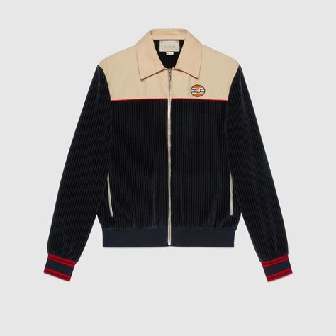 Shop the Rib Cotton Velour Zip-Up Jacket In Blue & Ivory at GUCCI.COM. Enjoy Free Shipping, Returns & Complimentary Gift Wrapping. Lux Fashion, Gucci Jacket, Mens Fashion Sweaters, Outdoor Jacket, Bomber Jackets, Jacket Design, Blue Ivory, Teen Fashion Outfits, Gucci Men