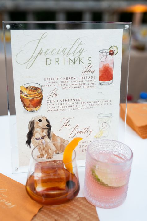 His and Hers specialty drinks wedding sign. The couple added their dachshund to the drink sign - a great way to include your pup into your wedding details! 
Fall wedding inspo, Wedding drinks, Wedding Dog Details, Wedding dog ideas, Dallas Photographer, Dallas Wedding photographer, Wedding details. 
#weddinginspo #dallasphotographer Dog Specialty Drink Wedding, Wedding Drinks Named After Dogs, Wedding Bar Menu With Dog, Wedding Dog Ideas, Signature Wedding Drinks Sign With Dog, Cherry Limeade Vodka, Wedding Drink Menu Sign Dog, Wedding Drink Menu Sign, Brown Sugar Simple Syrup