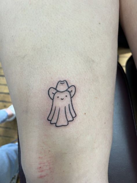 Very Simple Tattoos For Women, Ghost Tattoos Small, Ghost Patchwork Tattoo, Simple Fall Tattoos, Horror Tattoos Simple, Ghost Flipping Off Tattoo, Salem Tattoo Ideas Small, Cowgirl Ghost Tattoo, Girly Ghost Tattoo