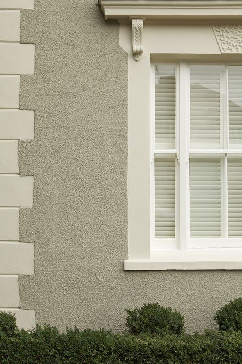 House painted in Farrow & Ball Masonry Paint - Light Gray rendering with bricks and window surround in Off-White and wooden window frame in Wimborne White Exterior Eggshell. Farrow And Ball Grey, Grey Front Door, Rendered Houses, Front Door Paint, Best Exterior Paint, Outside Paint, Door Paint, Masonry Paint, Exterior House Color