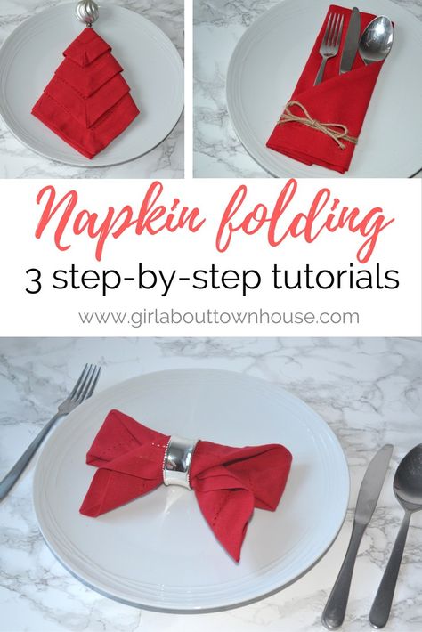 napkin folding tutorial - Girl about townhouse Christmas Table Napkins, Diy Napkin Folding, Wedding Food Table, Napkin Folding Tutorial, Christmas Napkin Folding, Easy Napkin Folding, Creative Napkins, Christmas Tree Napkins, Diy Napkins