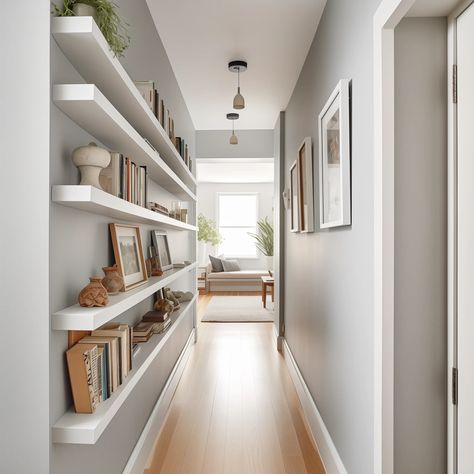 Narrow Hallway Decorating Ideas - Samplize Blog Narrow Hallway Decorating Farmhouse, Wall Decor Hallway Narrow, Small Narrow Hallway Decorating, Decor For Staircase Landing, Narrow Storage Room, Narrow Corridor Ideas, Hallway Mudroom Narrow, Hall Ways Ideas Narrow, Hallway Inspiration Narrow