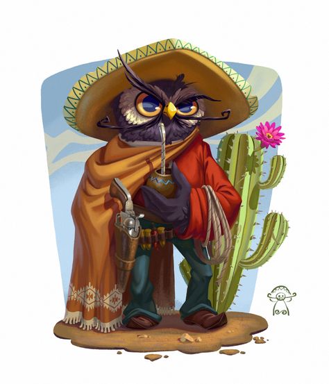 Owl Cartoon Character Design, Cowboy Mexican, Mexican Cowboy, Drawing Bird, Barn Owls, Prismacolor Art, Desert Animals, Looney Tunes Cartoons, Owl Cartoon