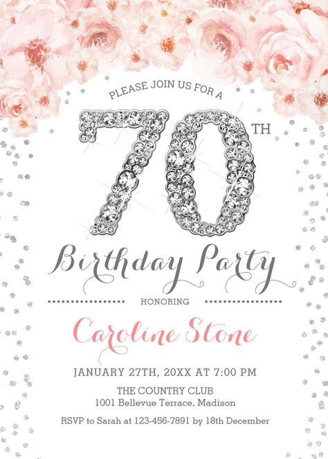 70th Birthday Party Invitation for Women. Elegant floral design in blush pink, white and faux glitter silver. Features dusky pink roses and diamond font. Perfect for a stylish milestone adult birthday celebration 70th Birthday Party, 75th Birthday Parties, 40th Birthday Party Invites, 70th Birthday Invitations, Pink Invitation, 40th Birthday Party, Woman Birthday Party, 40th Birthday Invitations, 70th Birthday Parties