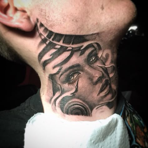 Face Neck Tattoo Men, Head And Neck Tattoo, Face Neck Tattoo, Old English Neck Tattoo, Scary Neck Tattoos, Portrait Neck Tattoo, Rapper Neck Tattoo, Cool Face Tattoos, Wing Neck Tattoo