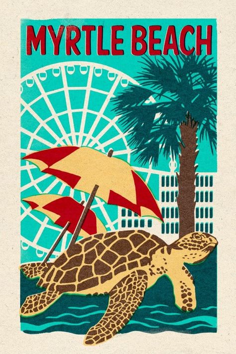 Myrtle Beach, South Carolina - Woodblock (Art Prints, Wood & Metal Signs, Canvas, Tote Bag, Towel) Vintage Florida Posters, Florida Travel Poster, Miami Postcard Vintage, South Carolina Beaches, Wood Postcard, Beach South Carolina, Myrtle Beach South Carolina, Stationery Printing, Outdoor Stickers