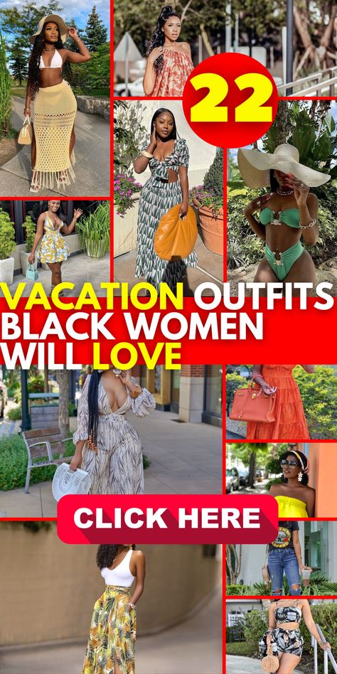 When it comes to vacation outfits for black women, it's all about balancing style and comfort. Whether you're traveling to a tropical destination like Jamaica, the Bahamas, or the Caribbean, or heading to a bustling city like Dubai, the key is to pack versatile pieces that can be mixed and matched. For beach vacations in places like Florida or Hawaii, pack lightweight, breezy outfits like sundresses, rompers, and bathing suit cover-ups. If you're going on a cruise Jamaica Style Outfit Ideas, Outfit Ideas For Cruise Vacation Black Women, Mix And Match Bathing Suits, Spring 2024 Vacation Outfits, Outfits Ideas For Vacation, Jamaica Travel Outfits, Bahamas Cruise Outfits For Black Women, Cuba Vacation Outfits What To Wear, What To Wear On An Island Vacation