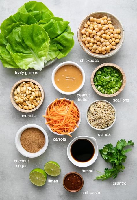 Easy Thai Lettuce Wraps with chickpea and quinoa 'meatballs' and peanut dressing are a perfect healthy and delicious vegan lunch or dinner made with everyday ingredients!  Gluten free + WFPB recipe. #healthyrecipes #veganrecipes #plantbased Vegan Thai Lettuce Wraps, Vegan Veggie Wraps, Vegan Lettuce Salad, Quinoa Lettuce Wraps, Vegan Lettuce Wrap Recipes, Plant Based Thai Recipes, Hummus Lettuce Wraps, Follicular Phase Lunch Recipes, Veg Wraps Recipes