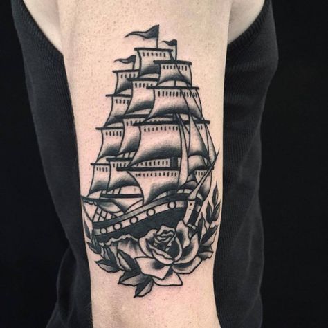 Dedication Tattoos, Traditional Ship Tattoo, Small Chest Tattoos, Traditional Tattoo Sleeve, Upper Arm Tattoos, Flash Tattoo Designs, Ship Tattoo, Traditional Tattoo Design, Traditional Tattoo Art