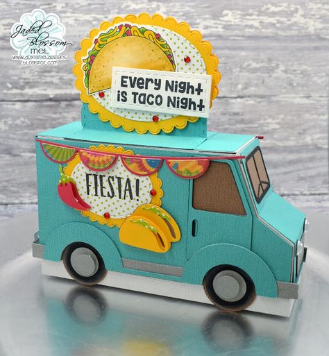 Doxie Mel Designs 3d Paper Food Truck, Cardboard Taco Truck, Taco Truck Valentine Box Ideas, Cardboard Food Truck, Diy Food Truck, Food Truck Party, Cardboard Food, Taco Food Truck, Mexican Restaurant Decor