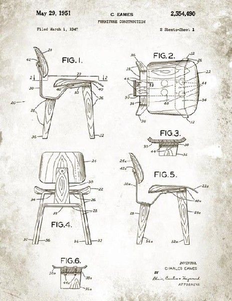 Patent Drawing for LCW Chair, 1951. EAMES Eames Lcw, Charles Ray Eames, Chair Drawing, Furniture Sketch, Plywood Chair, Charles Ray, Patent Drawing, Charles & Ray Eames, Charles Eames