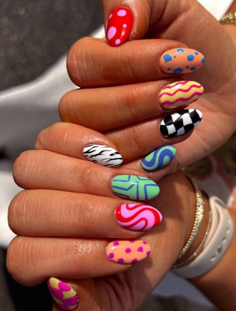 Cr:@mynailgirlness Music Fest Nails, Cute Funky Nails Square, Cute Funky Nails Short, Chequered Nails, Mismatched Nails Summer, Every Nail Different Design, Nail Ideas Bright Colors, Dopamine Nails, Multi Design Nails