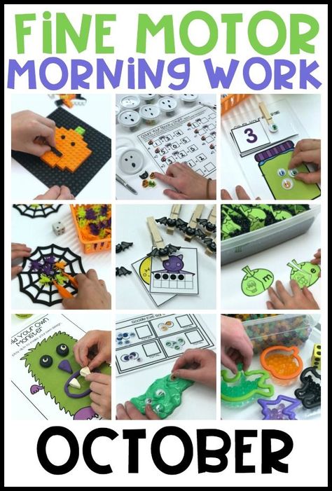 These fine motor morning work station ideas are just the thing to engage your students and create a classroom of enthusiastic learners.  Fine motor bins provide you with a month of hands-on activities that will keep your kindergarten students on task and loving their morning rotations.  Morning work is a great alternative to worksheets.  Familiar activities build from month to month and skills gradually expand.  Students love the fall themes of October--spiders, bats, pumpkins and cute monsters. Work Station Ideas, Fine Motor Bins, Halloween Centers, Differentiated Kindergarten, Morning Work Activities, Fine Motor Activities For Kids, Preschool Planning, Fall Kindergarten, Activities For Boys