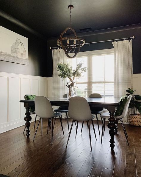 Black Ceiling Cream Walls, Black Ceiling And Trim, Black Ceiling In Kitchen, Black Ceiling Office Interiors, Salons With Black Ceilings, Black Ceiling Foyer Entryway, Dining Room Black Ceiling, Black Ceiling Dining Room, Paint Ceiling Black