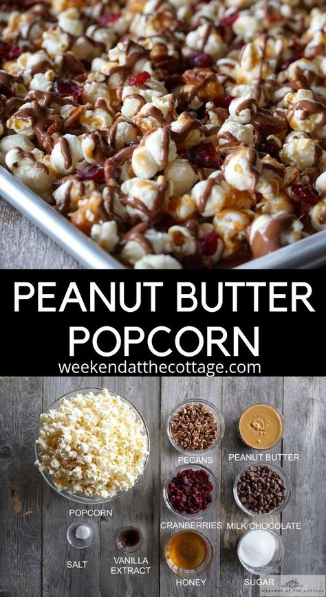 Toss cranberries, pecans and a sprinkle of salt onto the popcorn. After mixing it up we then toss again, this time adding the honey-sweetened, warmed peanut butter sauce. Drizzle with melted chocolate and place in the freezer for 5 minutes to set. This tasty snack is easy-to-make and addictive! It's the best snack ever! #weekendatthecottage #snackrecipe #popcornwithchocolate #popcornwithpeanutbutter #summersnackrecipe #cottagerecipes #easysnack #partyfood Snickers Popcorn Recipe, Chocolate Drizzled Popcorn How To Make, Popcorn Peanut Butter, Peanut Snacks Recipes, Popcorn Mix Ins, Peanut Butter Popcorn Recipes, Popcorn Mix Recipes, Chocolate Popcorn Recipe, Chocolate Peanut Butter Popcorn