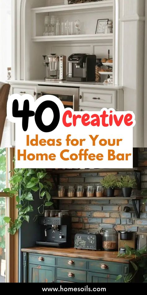 Elevate your coffee experience with 40 creative ideas for your home coffee bar that combine style and functionality. Discover these inspiring setups on our website. Coffee Bar Wallpaper Ideas, Wine Coffee Bar Ideas, Coffee Wine Bar Ideas, Rustic Coffee Bar Ideas, Coffee And Wine Bar Ideas, Coffee Bar Ideas Diy, Coffee/wine Bar Ideas, Glam Coffee Bar, Bar Wall Ideas