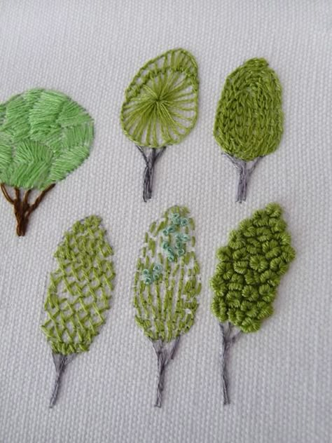 Along Stitch Lines - embroidered trees using different stitches for each example. Cool idea for a sampler. Embroidered Trees, Pola Sulam, Different Stitches, Stitch Lines, Brazilian Embroidery, 자수 디자인, Silk Ribbon Embroidery, Crewel Embroidery, Embroidery Needles