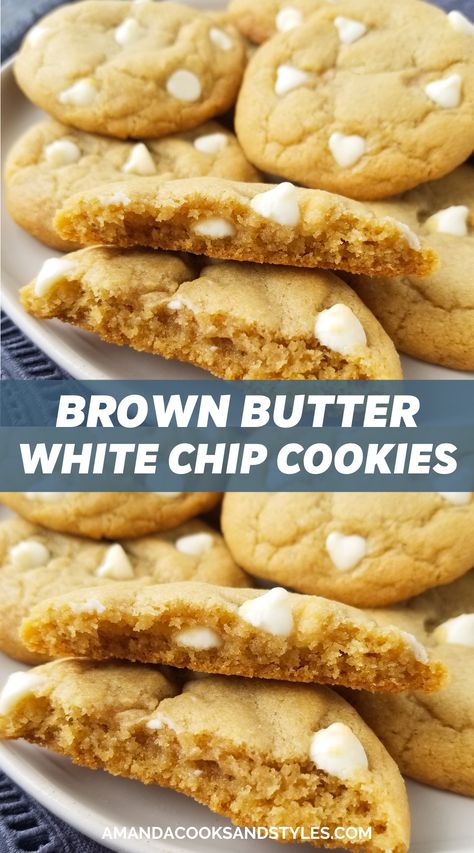 White Chip Cookies, White Choc Chip Cookies, White Chocolate Chips Recipes, White Chocolate Chip Cookies Recipes, Chocolate Chip Cookies Soft, Cookies Soft And Chewy, Best White Chocolate, Desserts With Chocolate Chips, Brown Butter Cookies