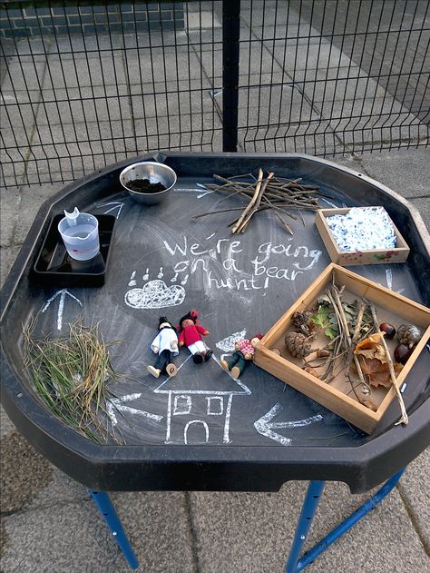 Outdoor Story Area Eyfs, Going On A Bear Hunt Tuff Tray Ideas, Were Going On A Bear Hunt Tuff Tray, We're Going On A Bear Hunt Tuff Tray, Transition Activities Eyfs, Journeys Eyfs, Storytelling Eyfs Ideas, Eyfs Topics Ideas, We’re Going On A Bear Hunt Eyfs