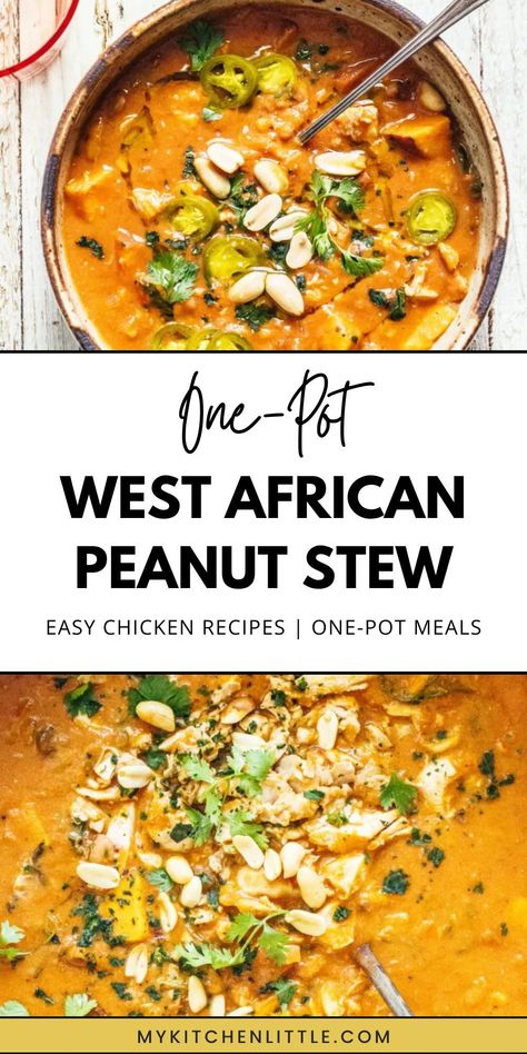 Learn how to make an easy West African Peanut Stew with chicken, sweet potatoes, and greens. This one-pot meal is rich in toasty peanuts and flavorful aromatics, offering a taste of authentic African cuisine. Ideal for a comforting dinner. Save this pin to your African Stew board and check out the full recipe. African Sweet Potato Peanut Stew, West African Stew, African Bean Stew, West African Recipes Authentic, African Stew Recipes, West African Peanut Stew, Chicken Sweet Potatoes, African Chicken, African Stew