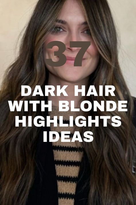 A long, dark brown hairstyle with soft face-framing layers and natural waves, styled for a timeless look. Dark Hair With Blonde Highlights, Dark Hair With Blonde, Hair Colora, Cute Hair Ideas, Brown Hair With Blonde Balayage, Blonde Highlights Ideas, Dark Highlights, Hair With Blonde Highlights, Highlights For Dark Brown Hair