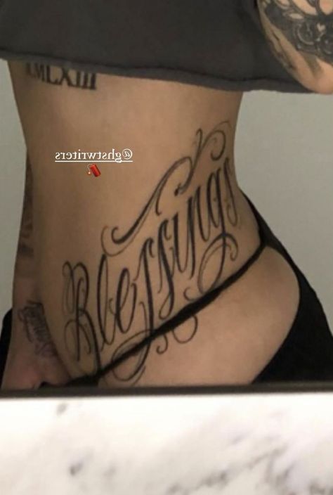 Tattoos For Lower Stomach, Women Rib Tattoo Quotes, Cursive Tattoos Fonts, Divine Chaos Tattoo, Mamacita Tattoo, Tattoo On Waist For Women, Tattoo Name Placement, Word Hip Tattoos, Guy Back Tattoos