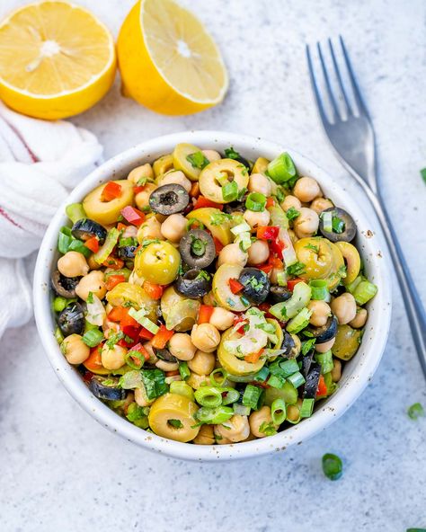 Chickpea Olive Salad, Greek Yogurt Cucumber Salad, Green Olive Salad, Chopped Salads, Olive Oil Salad, Greek Chickpea Salad, Greek Chickpeas, Cucumber Avocado Salad, Vegan Pantry