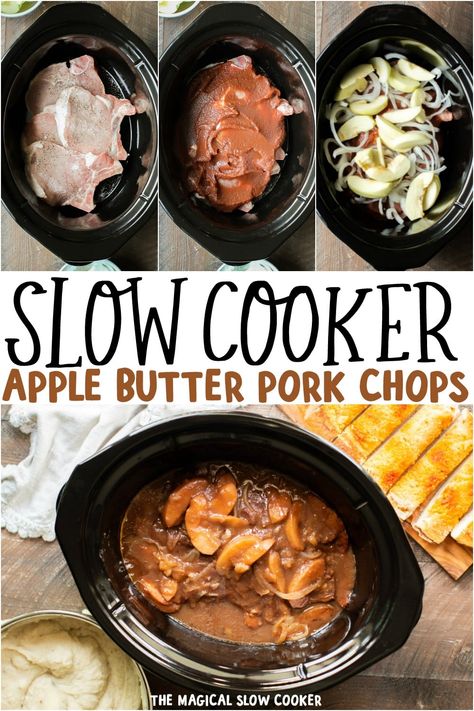 Pork chops smothered with apple butter, granny smith apples, apple cider vinegar and onions and all made in the slow cooker. Wonderful fall dinner along with mashed potatoes. Slow Cooker Pork With Apples, Pork Slow Cooker Recipes Chops, Crockpot Onion Pork Chops, Pork Chop Apple Butter Recipes, Crockpot Recipes Slow Cooker Pork Chops, Crockpot Apple Butter Pork Chops, Apple Onion Pork Chops Crockpot, Pork Chops In The Crock Pot Apples, Apple Butter Pork Chops Crock Pot