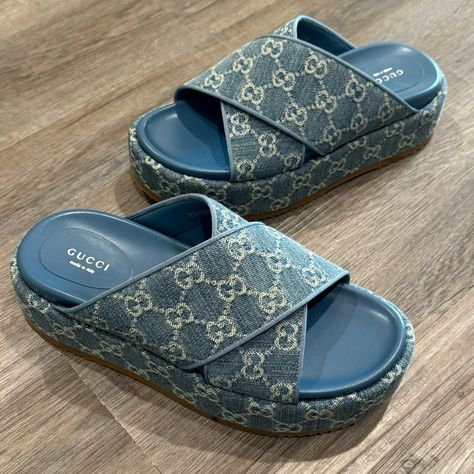 Gucci Gg Logo Blue Jean Platform Slide Sandals Nwt Msrp $895 Women’s Size: 39.5 (Us Size: 9.5) Brand New- No Shoe Box. Please Ask And I’ll Send With A Designer Dust Bag *Store Display* These Have Been Exposed To A Retail Environment And Been Tried On. Accepting Offers Pink Gucci Slides, Bag Store Display, Jean Sandals, Gucci Jeans, Platform Slide Sandals, Gucci Sandals, Block Sandals, Rubber Sandals, Swim Shoes