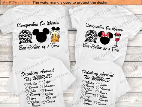 Couples Epcot Outfits, Couples Disney Shirts, Epcot Drinking Around The World, Family Shirts Disney, Disney Family Shirts, Disney Couple, Disney Couple Shirts, Epcot Shirts, Drinking Around The World