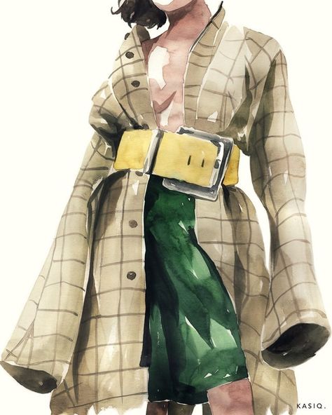 Fashion Design Painting, Fashion Sketch Watercolor, Plaid Fashion Illustration, Fashion Design Watercolor, Fashion Illustration Painting, Belt Illustration Fashion Sketches, Watercolor Clothing, Fashion Styling Portfolio, Belt Illustration