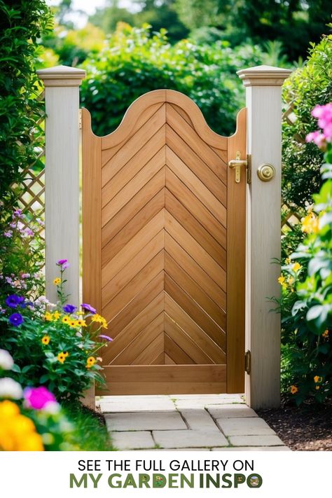 Explore 47 unique garden gate ideas featuring rustic chevron wood gates and vibrant flower surroundings, perfect for garden entrances. Arch Gate Entrance, Backyard Door Ideas Garden Gates, Secret Garden Gate Ideas, Gated Courtyard Entrance, Side Gate Entrance Ideas, Courtyard Gates Front Entry, Iron Courtyard Gate, Sliding Wooden Gates, Farmhouse Gate