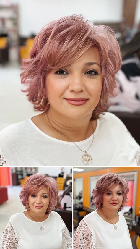 Blonde With Red Lowlights Hair Rose Gold, White Hair With Rose Gold Highlights, Rose Gold On Grey Hair, Rose Gold Highlights Short Hair, Barrets Hairstyles Short Hair, Rose Gold Gray Hair, Rose Gold And Grey Hair, Hair Colour Ideas For Brunettes Short, Rose Gold Hair Blonde Short