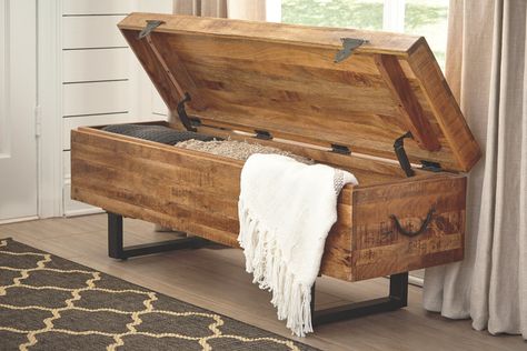 Glosco Storage Bench | Ashley Furniture HomeStore Bed Bench Storage, Wooden Storage Bench, Wooden Trunk, Storage Bench Bedroom, Living Room Furniture Layout, Wood Storage Bench, Rustic Storage, Furniture Living Room, Ashley Furniture Homestore