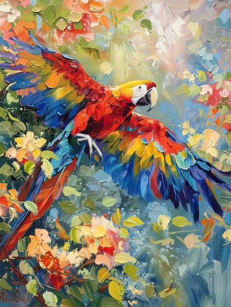 Macaw Parrot Flying with Blooming Flowers - Vintage Oil Painting Cute Parrot Art, Flight Paintings, Macaw Parrot Painting, Parrot In Flight, Macaw Painting, Abstract Bird Painting, Painting Parrot, Acrylic Painting Colorful, Abstract Impressionist Paintings